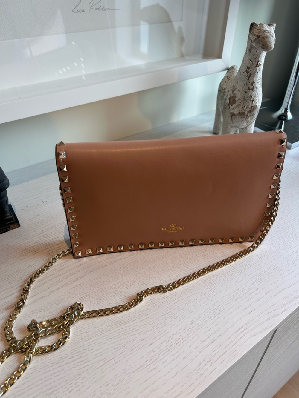 Tan Leather Studded Crossbody Bag with Gold Chain